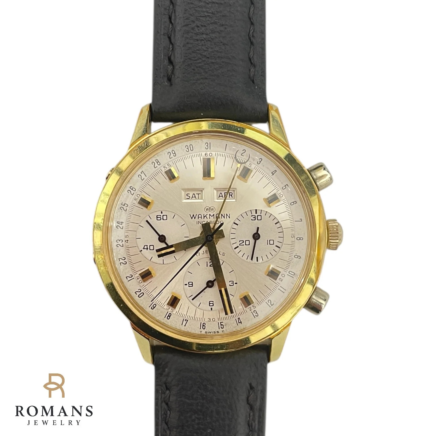 Wakmann Watch Incabloc Triple Date Chronograph Class Pilot Steel 1960 Serviced