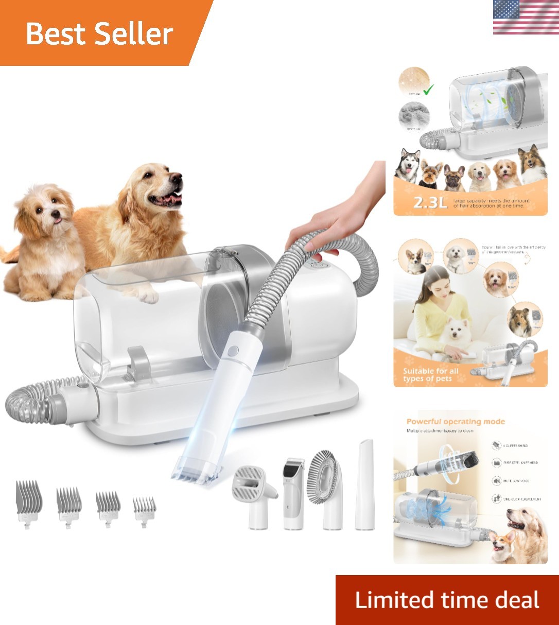 Dog Grooming Vacuum, Pet Grooming Vacuum Kit 2.3L Suction 99% Pet Hair with 5...