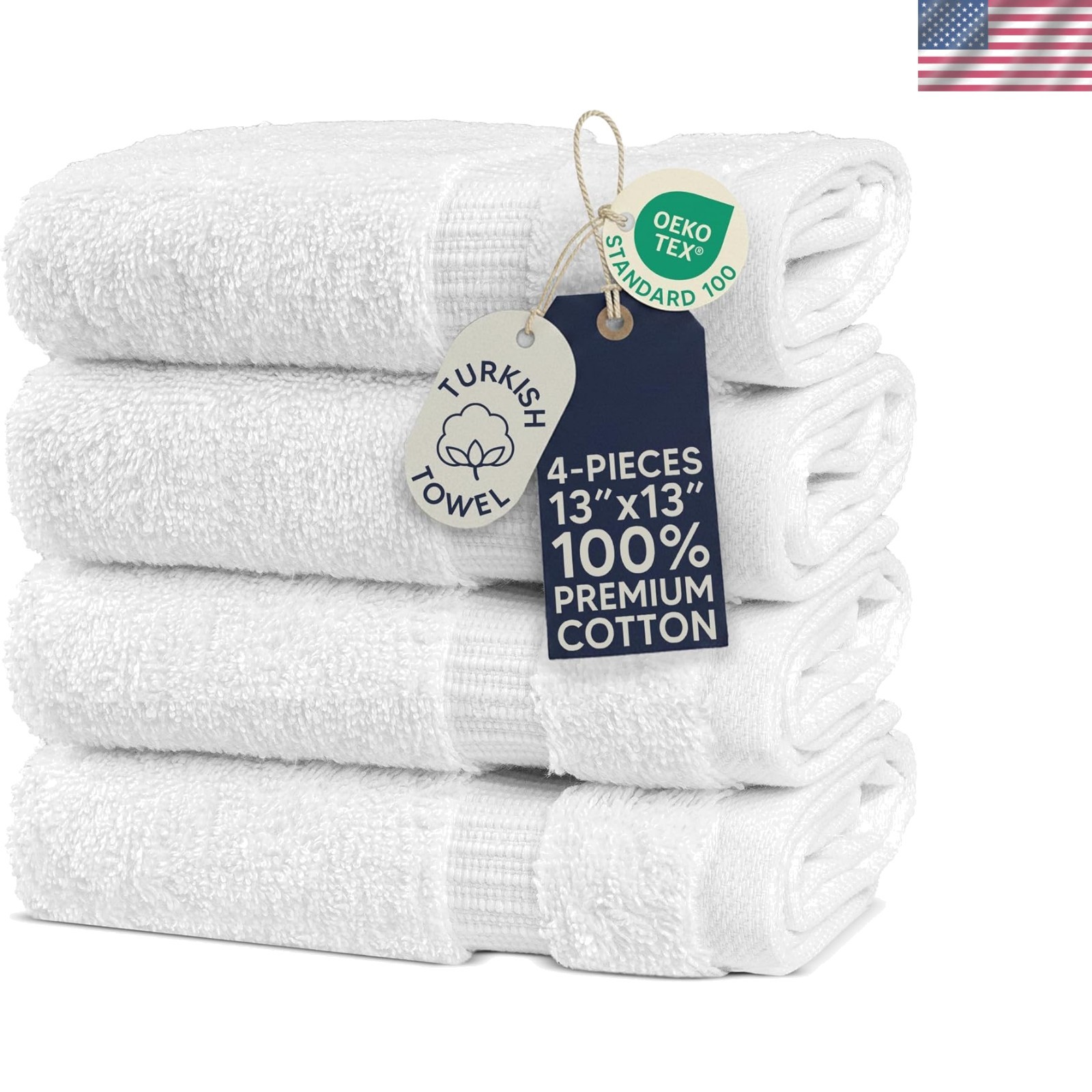 Cotton Super Soft and Absorbent Turkish Towels 4-Piece Washcloth, White
