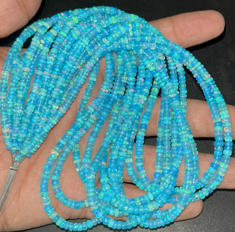 AAA+ Sky Blue Paraiba Opal Smooth Rondelle Beads 3-4mm Blue Opal Beads 16 Inch
