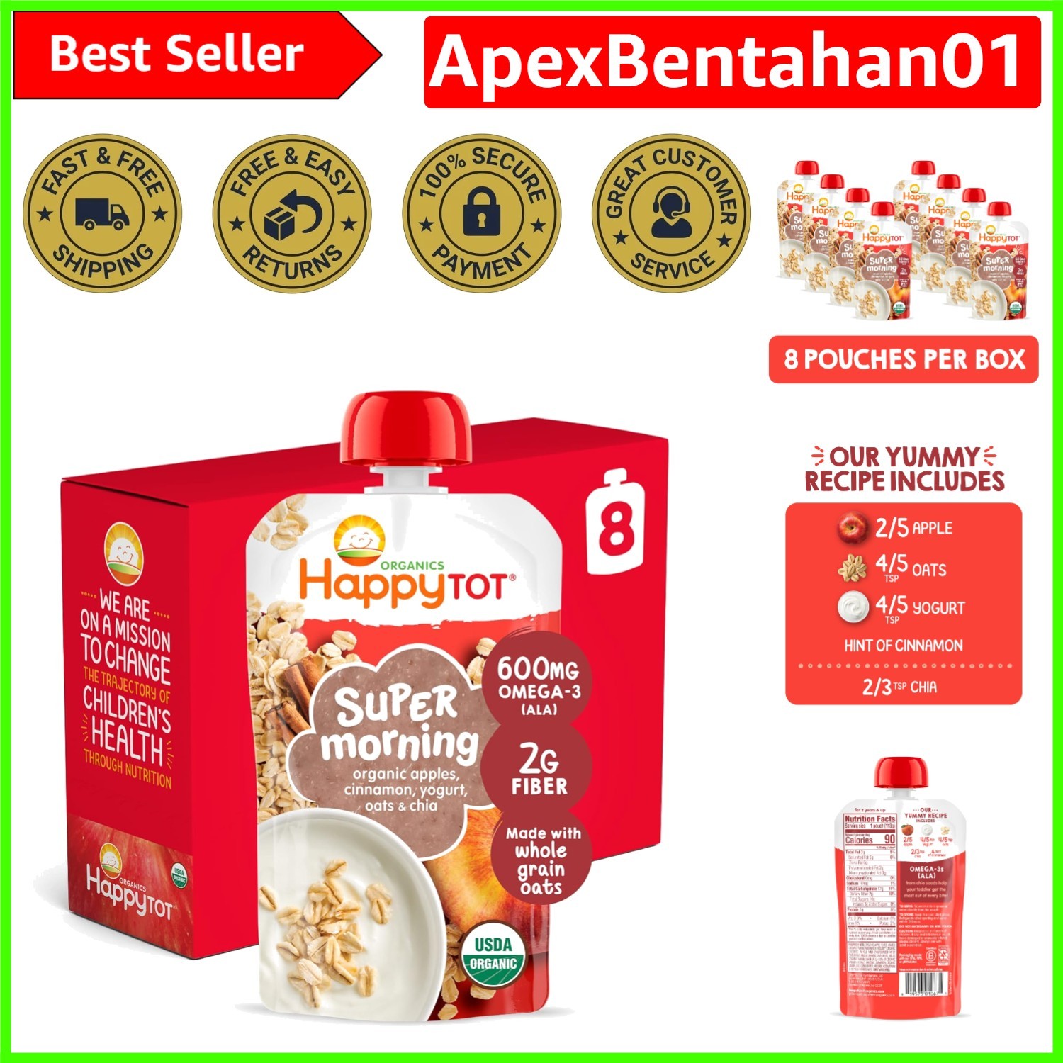 Stage 4 Organic Baby Food Pouches: Apple Cinnamon & Oats, 8-Pack for Toddlers