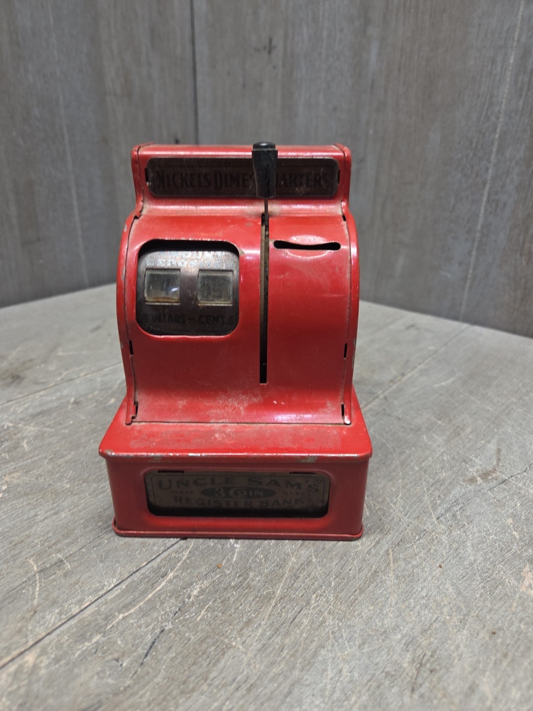 VINTAGE METAL Bank-UNCLE SAM'S  3-COIN Register Bank RED