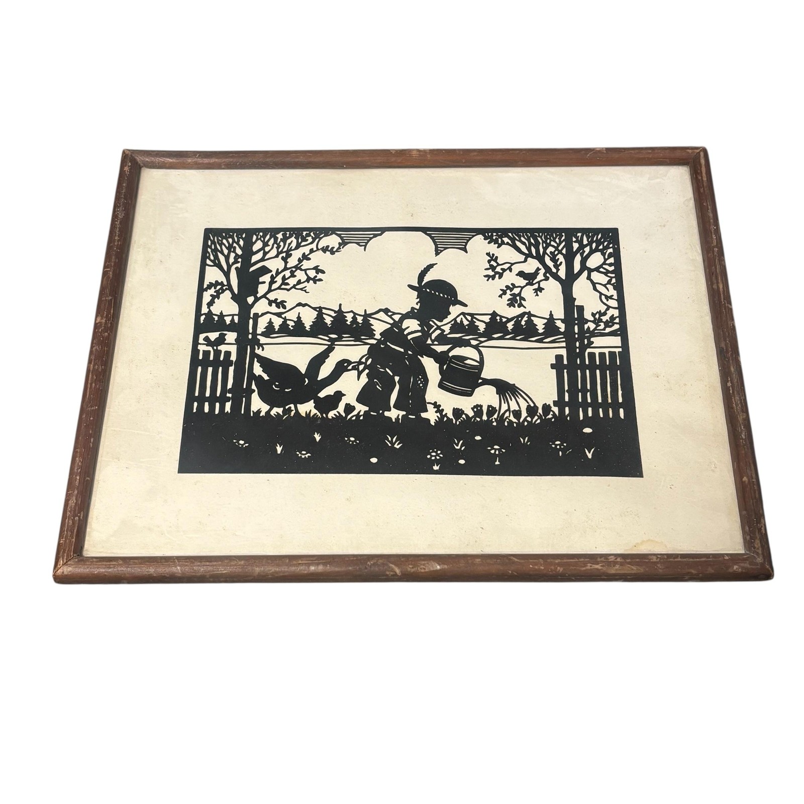 Pennsylvania Dutch Scherenschnitte Folk Art Paper Cut Geese Farmer Framed 9x12