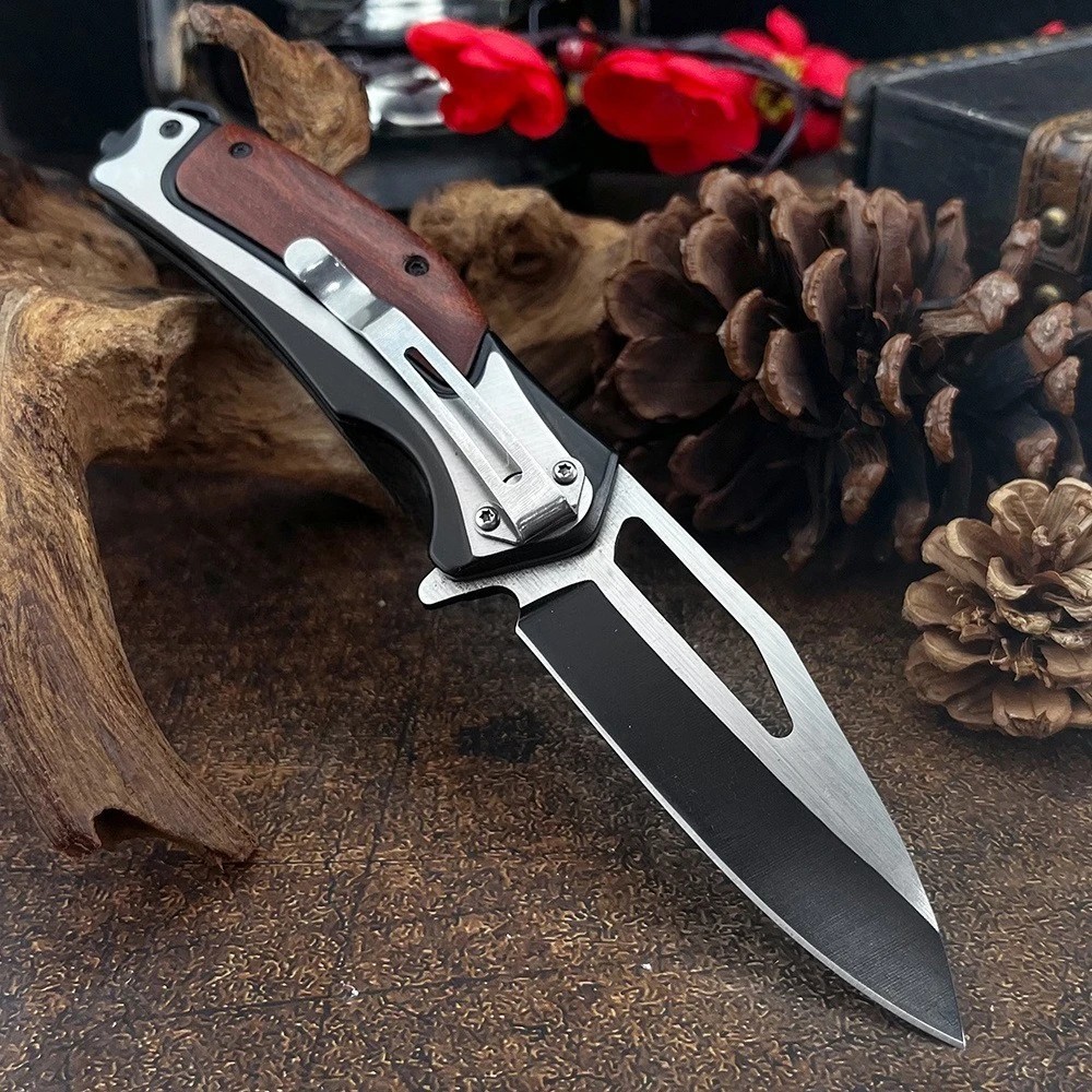 8.2”Wood Black Tactical Spring Assisted Open Blade Folding Pocket Knife Hunting