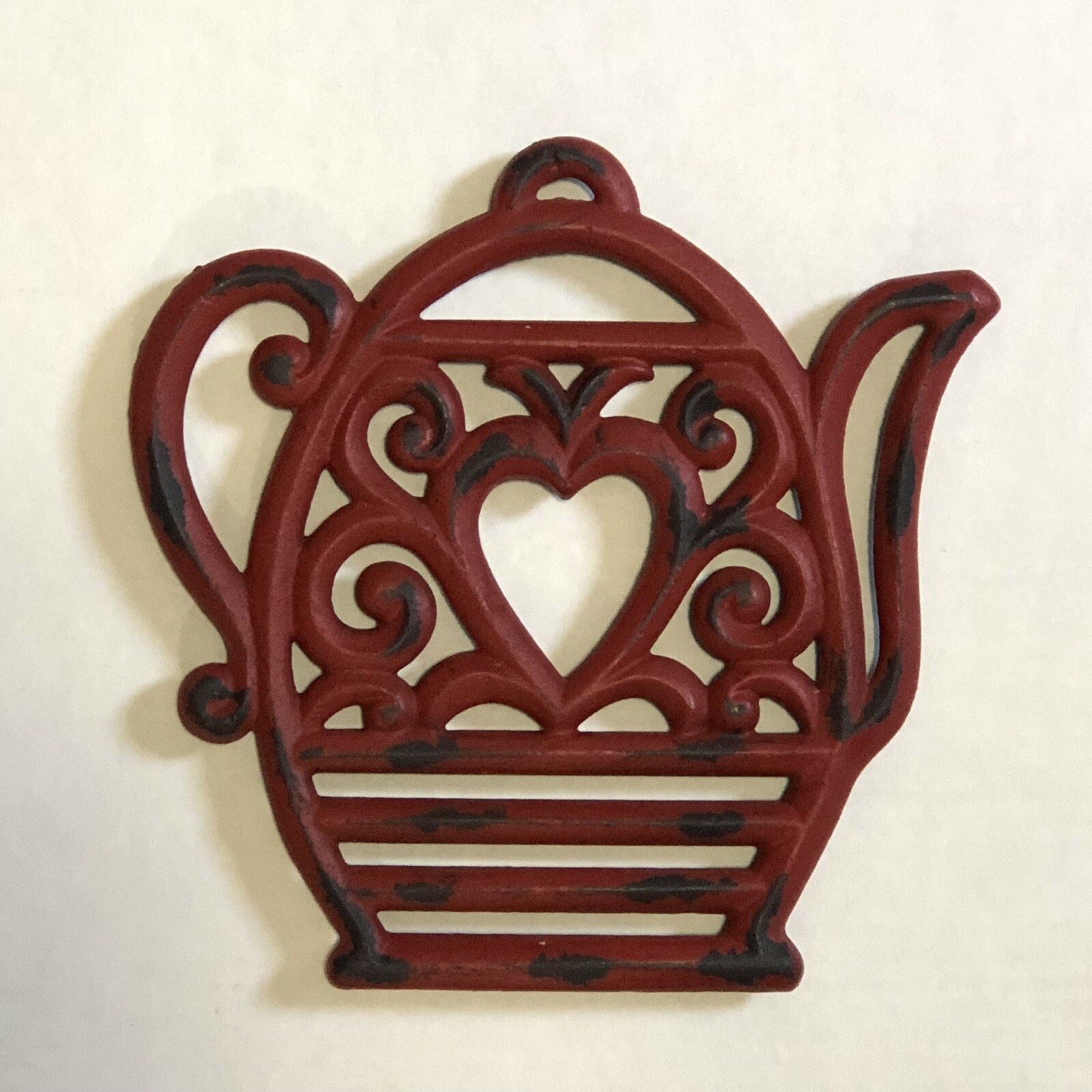 Red Cast Iron Trivet Teapot Coffee Pot Heart & Swirl Hot Plate Trivet 8"×8"
