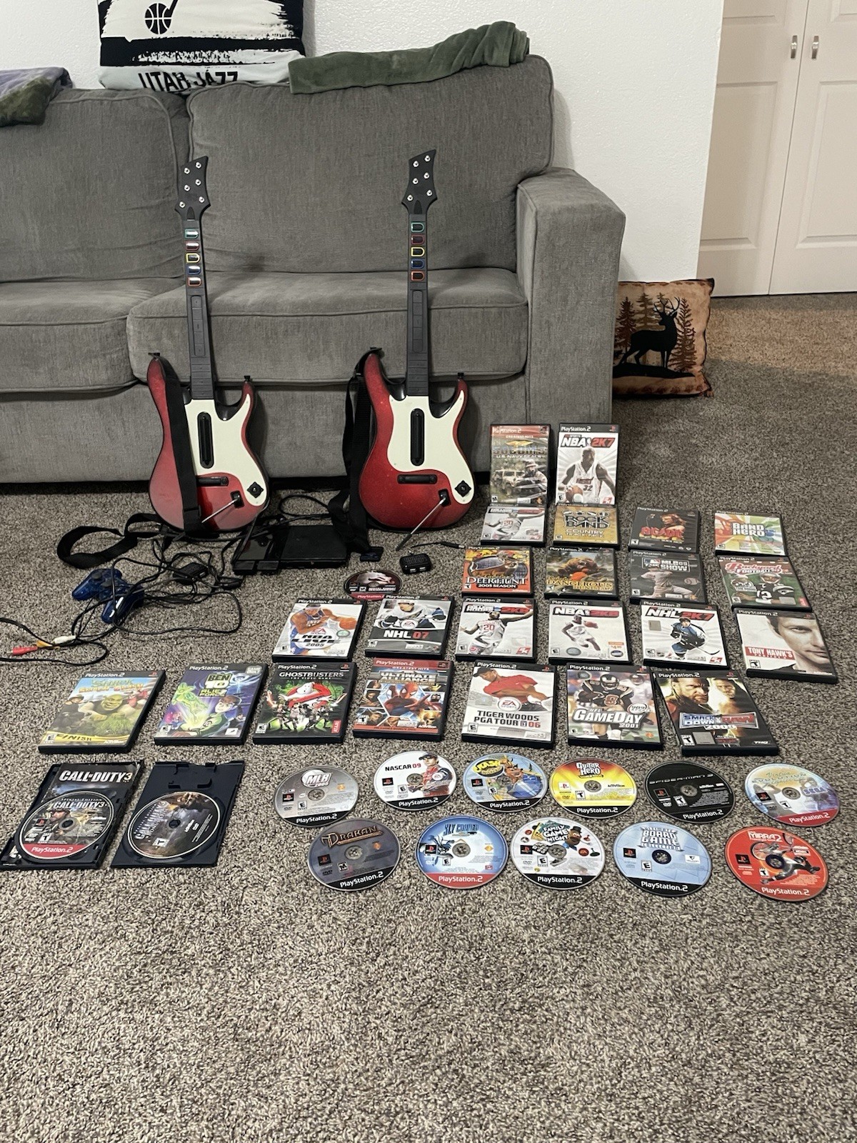 PlayStation 2 Console with Guitar Controllers, Standard Controller & Games