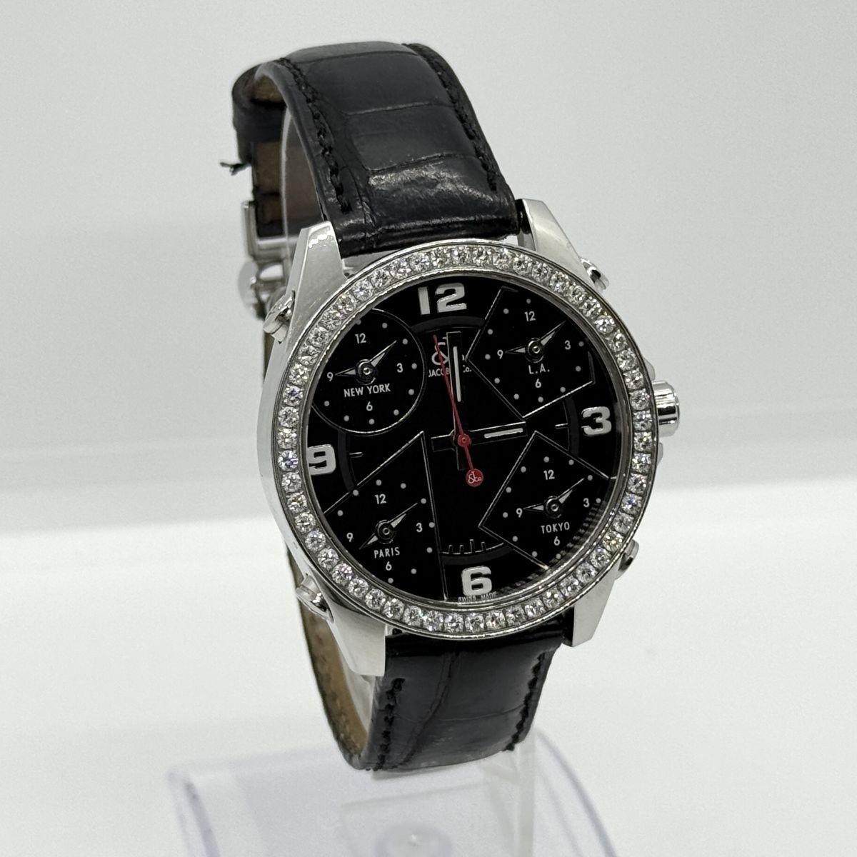 JACOB & Co. Watch Five Time Zone K10089 QZ 47mm Black Dial SS/Leather Diamond