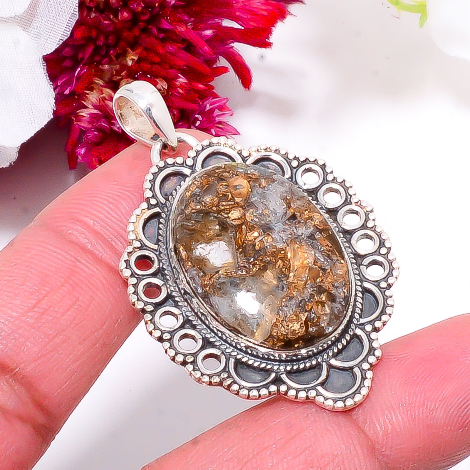 Copper Aquamarine - Brazil Gemstone 925 Sterling Silver Bali Pendant 1.76" Sku26