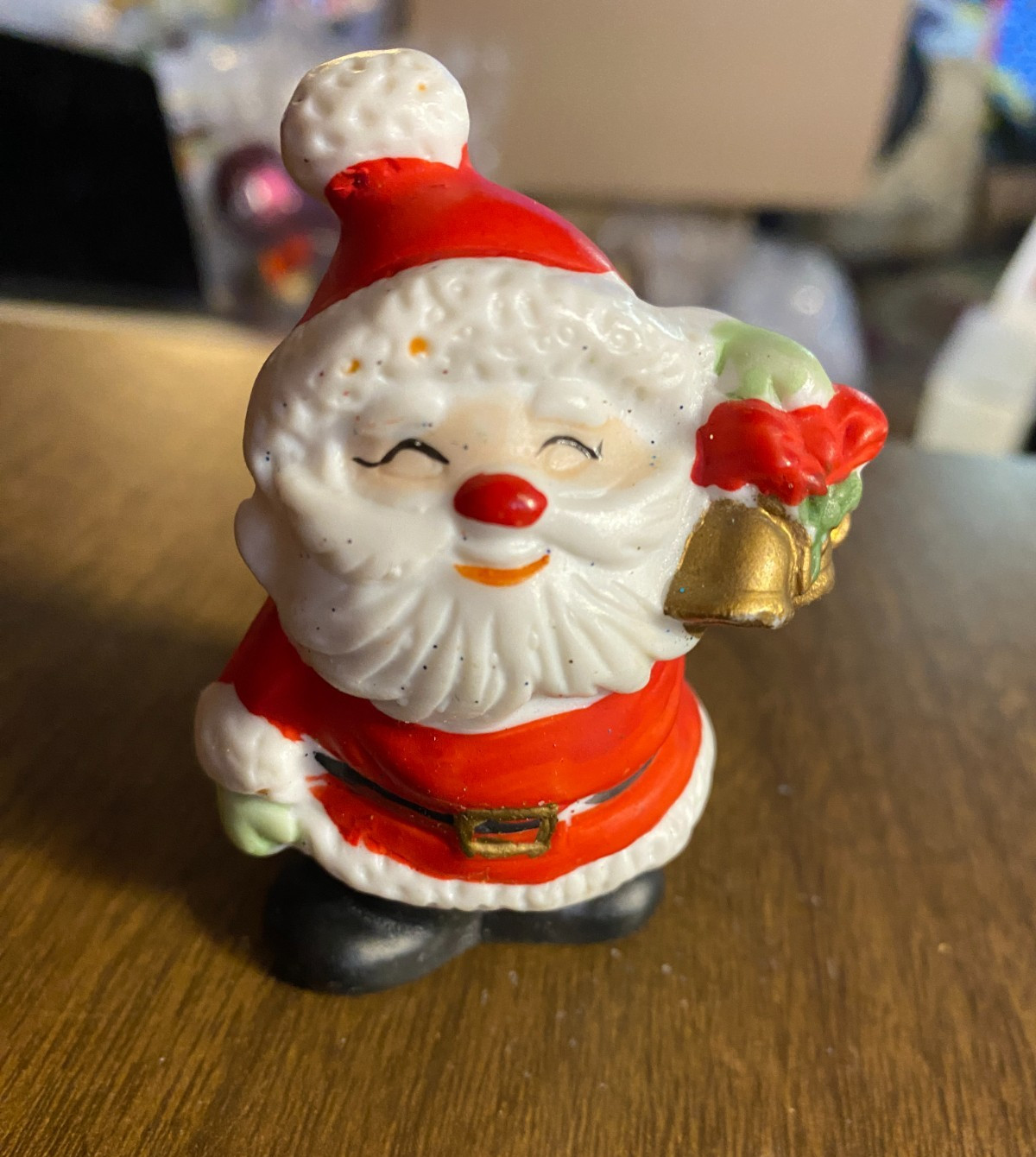 Porcelain Happy Santa Hold Bells Christmas Ornament 3"