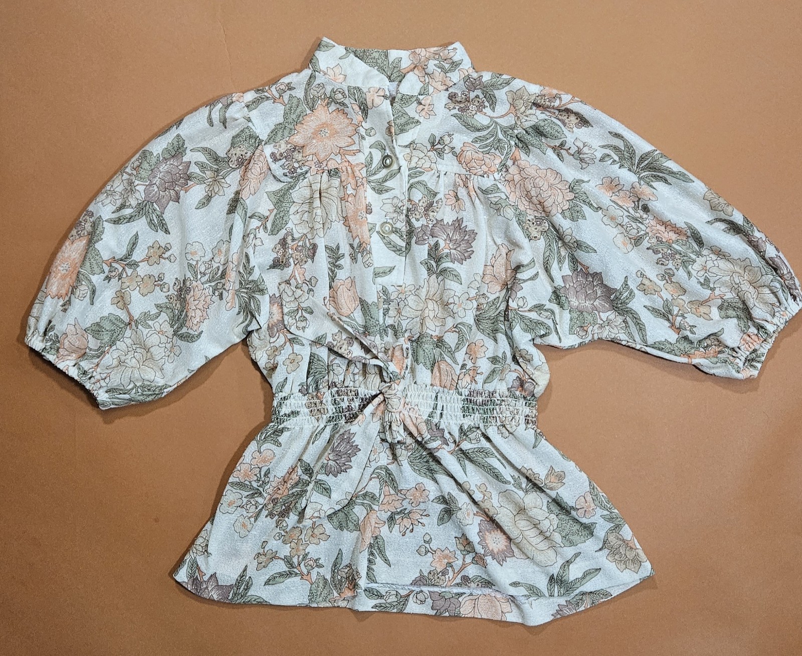VTG 60s 70s Floral Peplum Top Puff Sleeve 70s Boho Hippie Prairie 