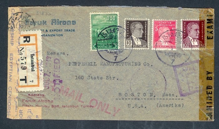 TURKEY 1943 REGISTERED AIRMAIL COMBO TO USA