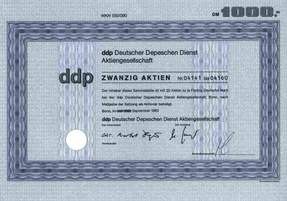 DDP German Dispatch Service 1983 Bonn Berlin 1000 DM Coupon Sheet Complete Excellent