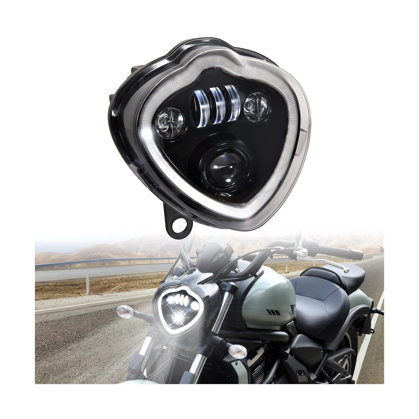 LED Headlight Fit For Kawasaki Vulcan 650 2015-2025, Projector w/ DRL Halo Ring