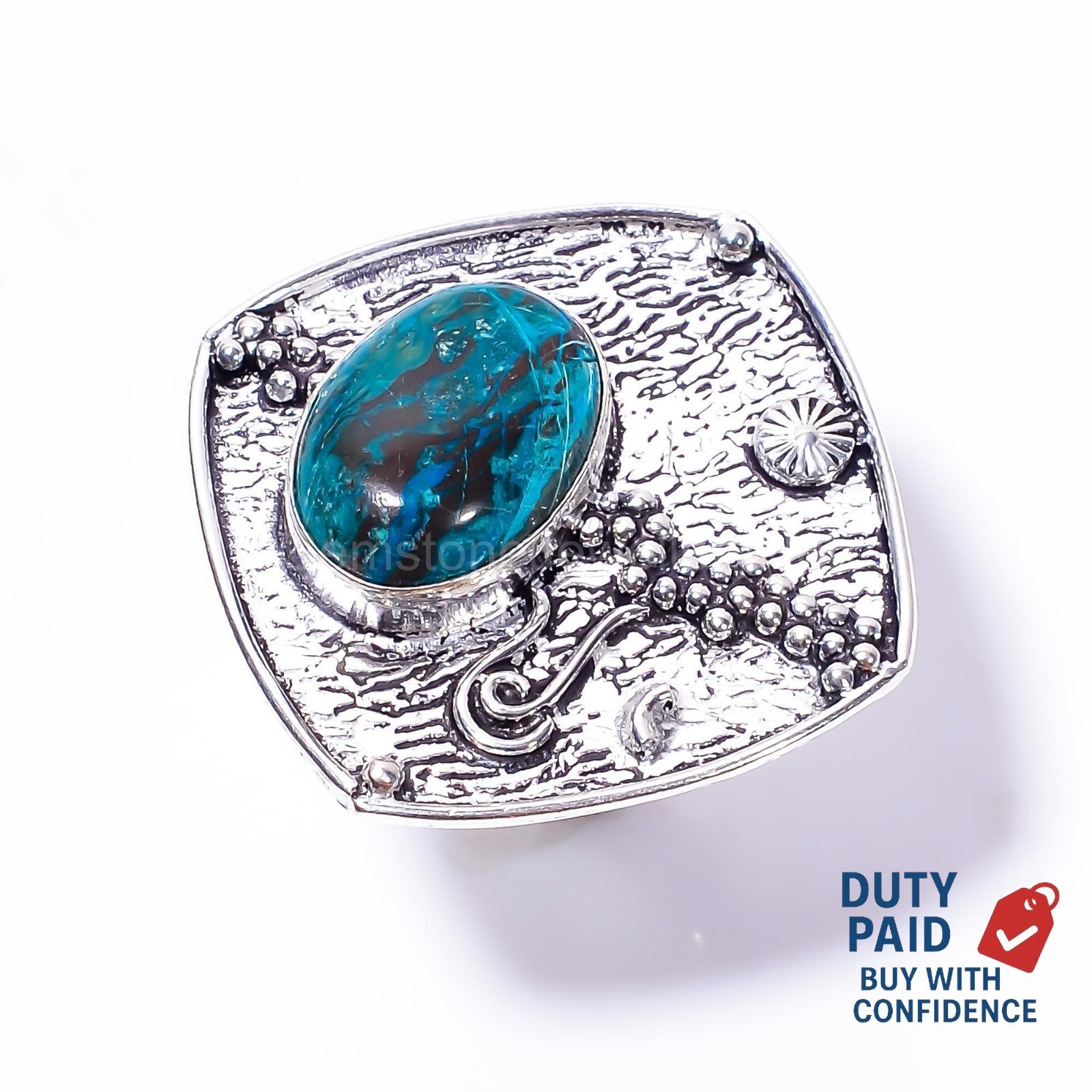 925 Sterling Silver Throat Chakra Natural Chrysocolla Vintage Ethnic Ring Size 8