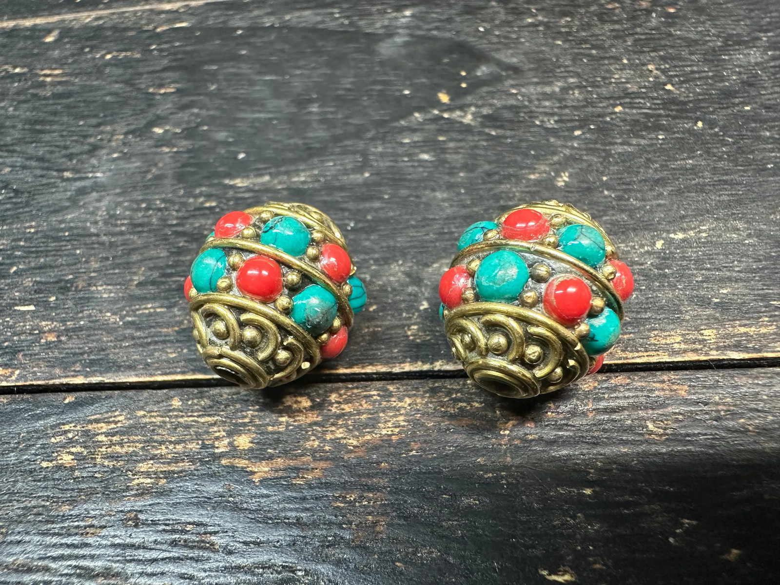 Nepal Tribal Brass Beads: Turquoise & Coral Inlay, Boho Jewelry (Set of 2)
