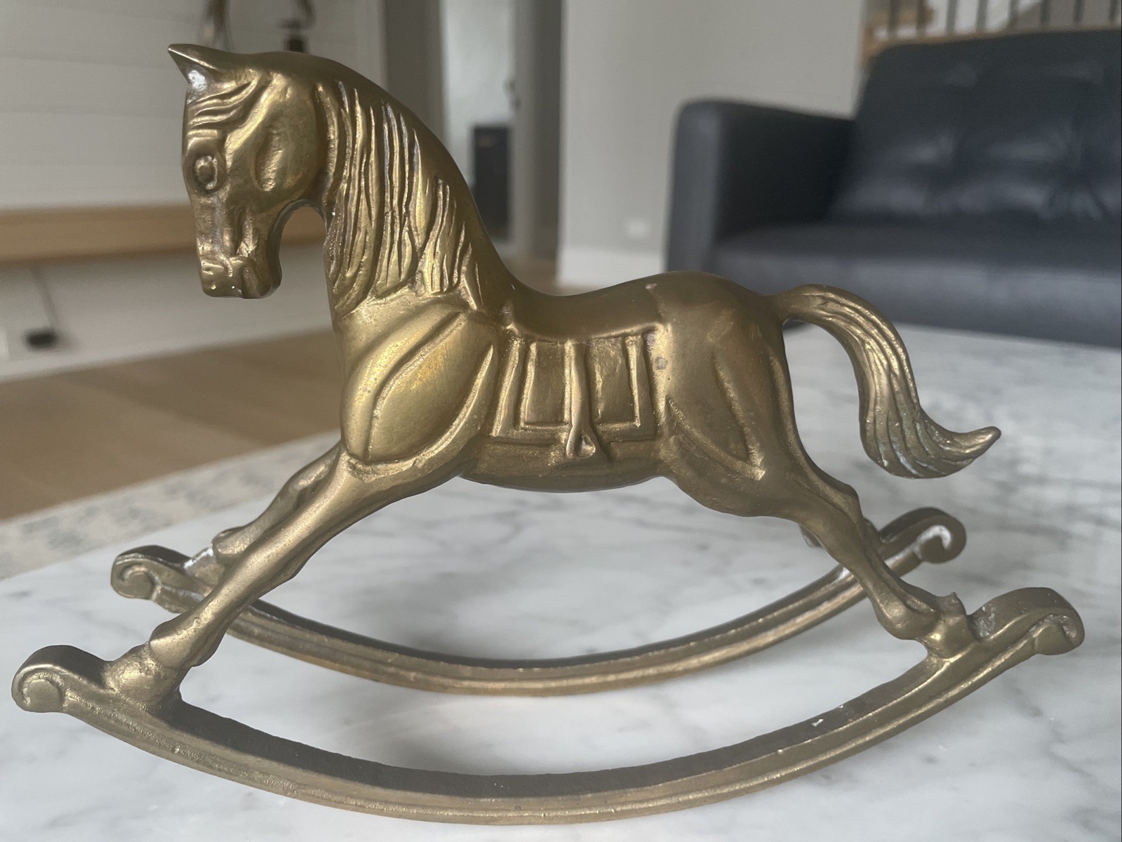 Vintage Solid Brass Rocking Horse Figurine 8” X. 5.5”, Patina