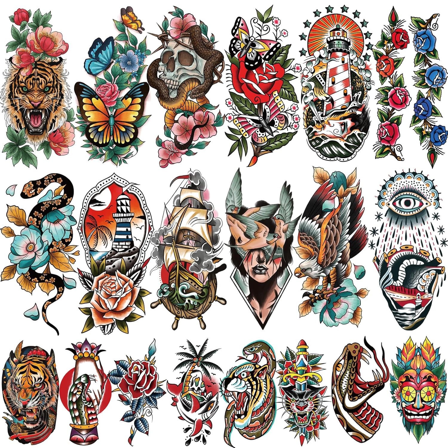 77 Sheets American Traditional Temporary Tattoos Adult Women Men Realistic Fake