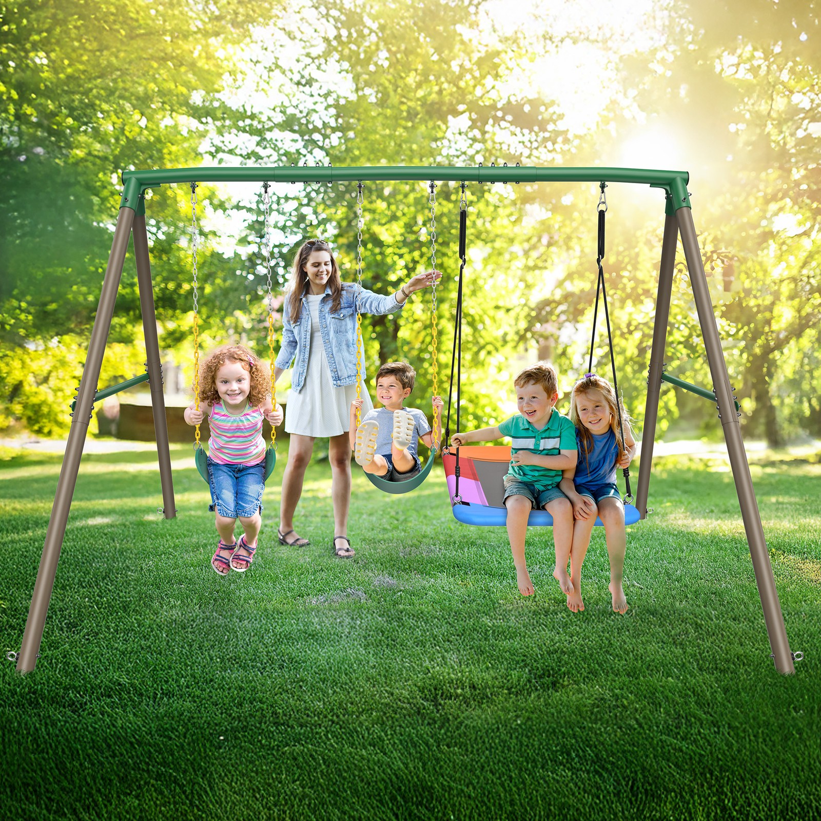 700lb 7.3ft Heavy Duty Metal Swing Set Kids Adult Backyard Playset with 3 Swings