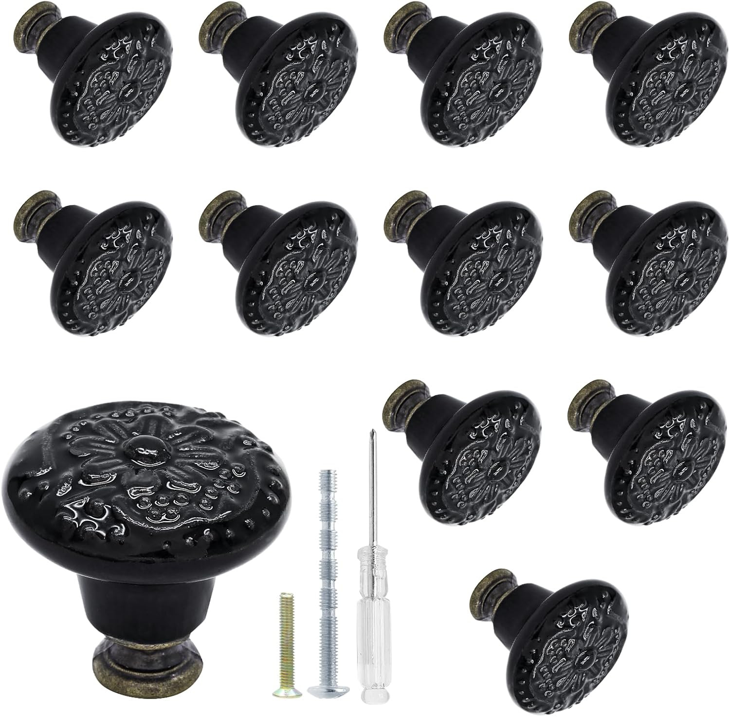 12 Pcs Black Ceramic Vintage round Drawer Knobs - Retro Ceramic Dresser Knobs an