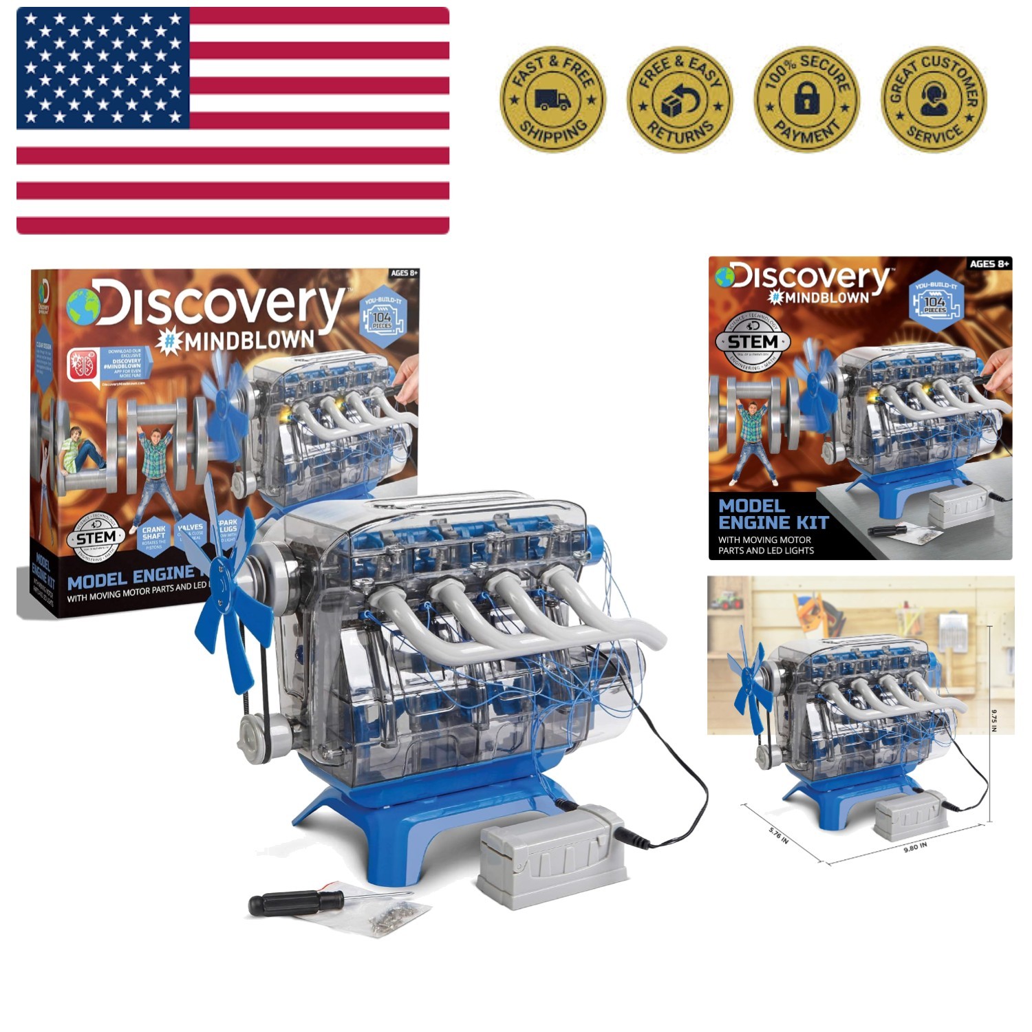 Model Engine Building Kit, DIY 4-Cylinder Combustion Engine, Working Pistons ...