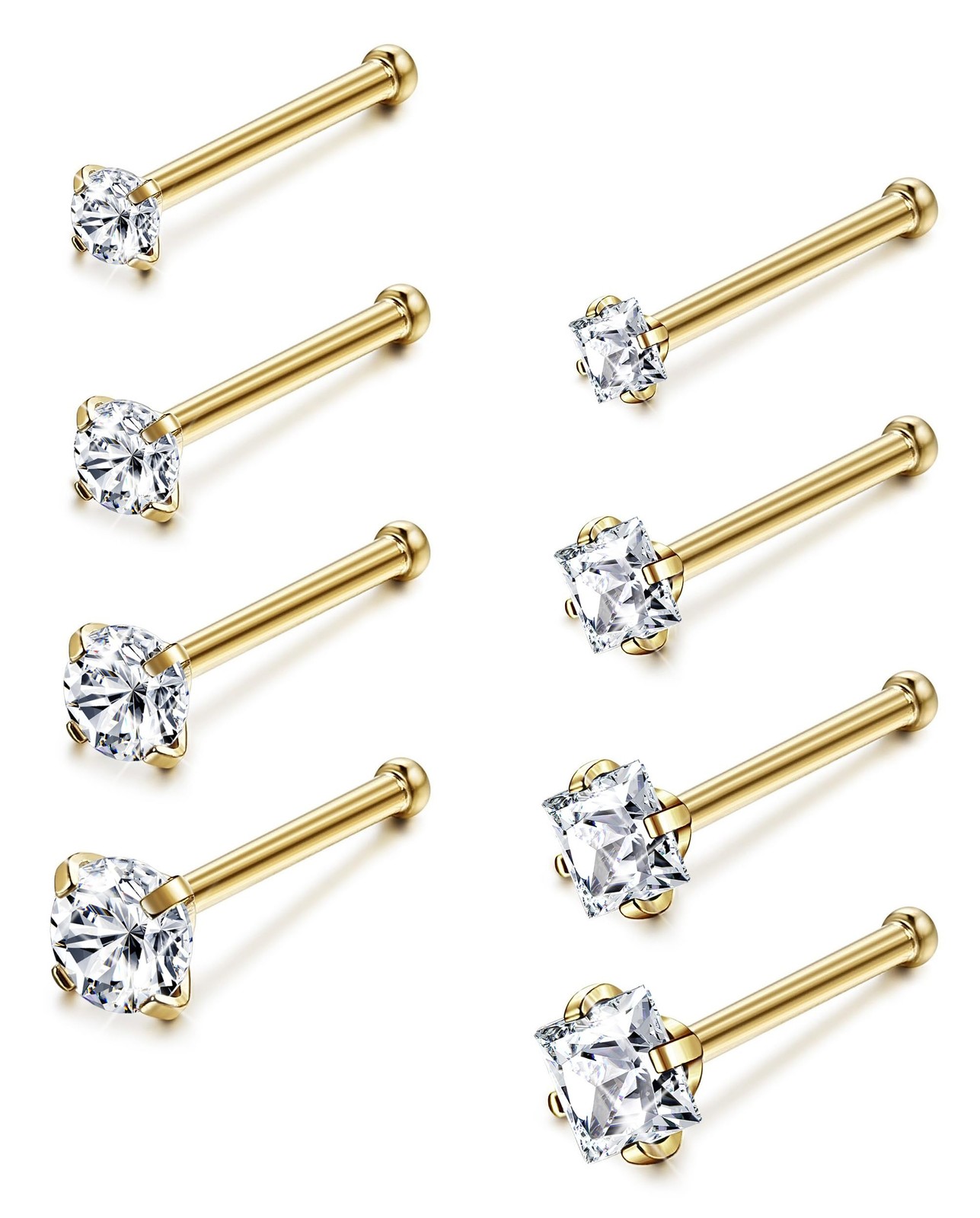 Jstyle 20G 8 Pcs a Set Stainless Steel Nose Rings 20G, 14K Gold Plated-20G 