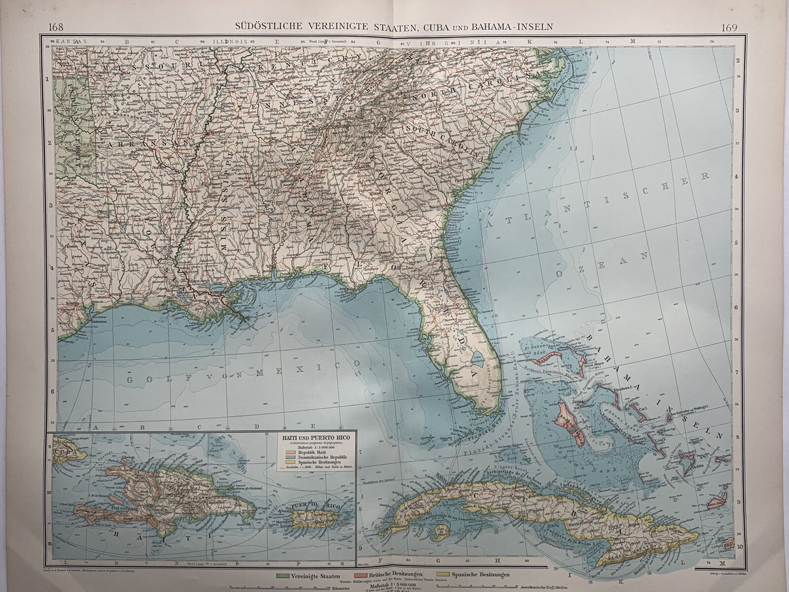 1899 Southeast United States, Puerto Rico Bahamas Antique Map by Richard Andree