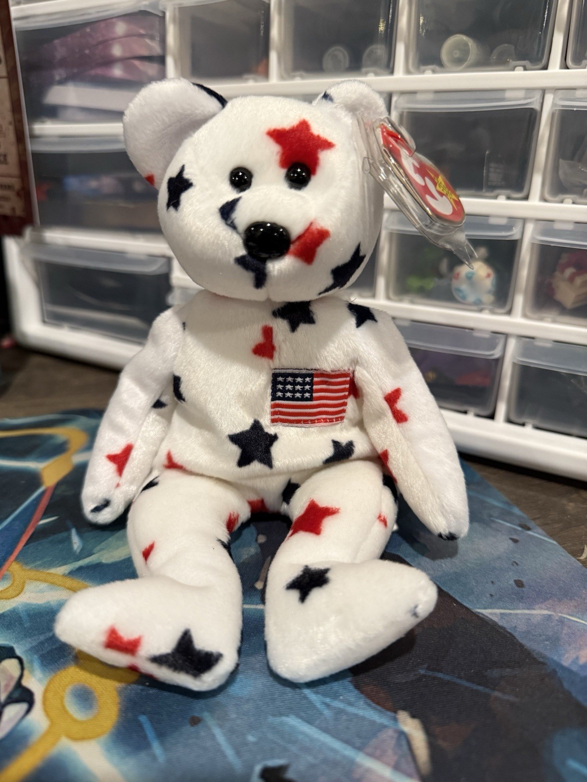Ty Beanie Babies Glory Bear 1998 Retired White Bear Red Blue Stars USA Flag