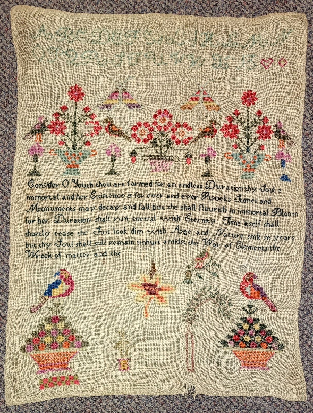 Georgian English Needlework Sampler Unframed - Poetry, Birds and Flowers