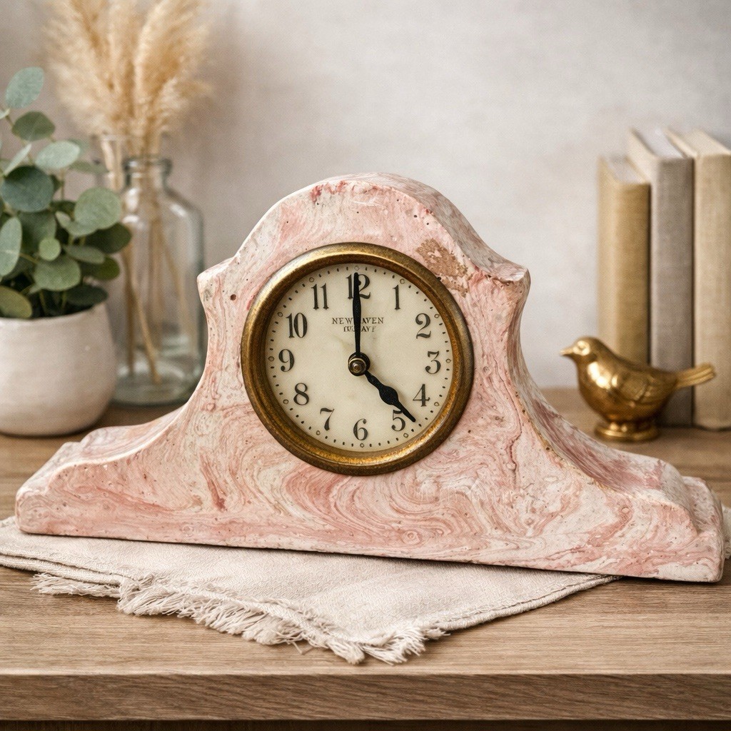 New Haven Alabaster Pink Mantle Clock 10” X 6”.  Art Deco Needs Repair- Wind Up