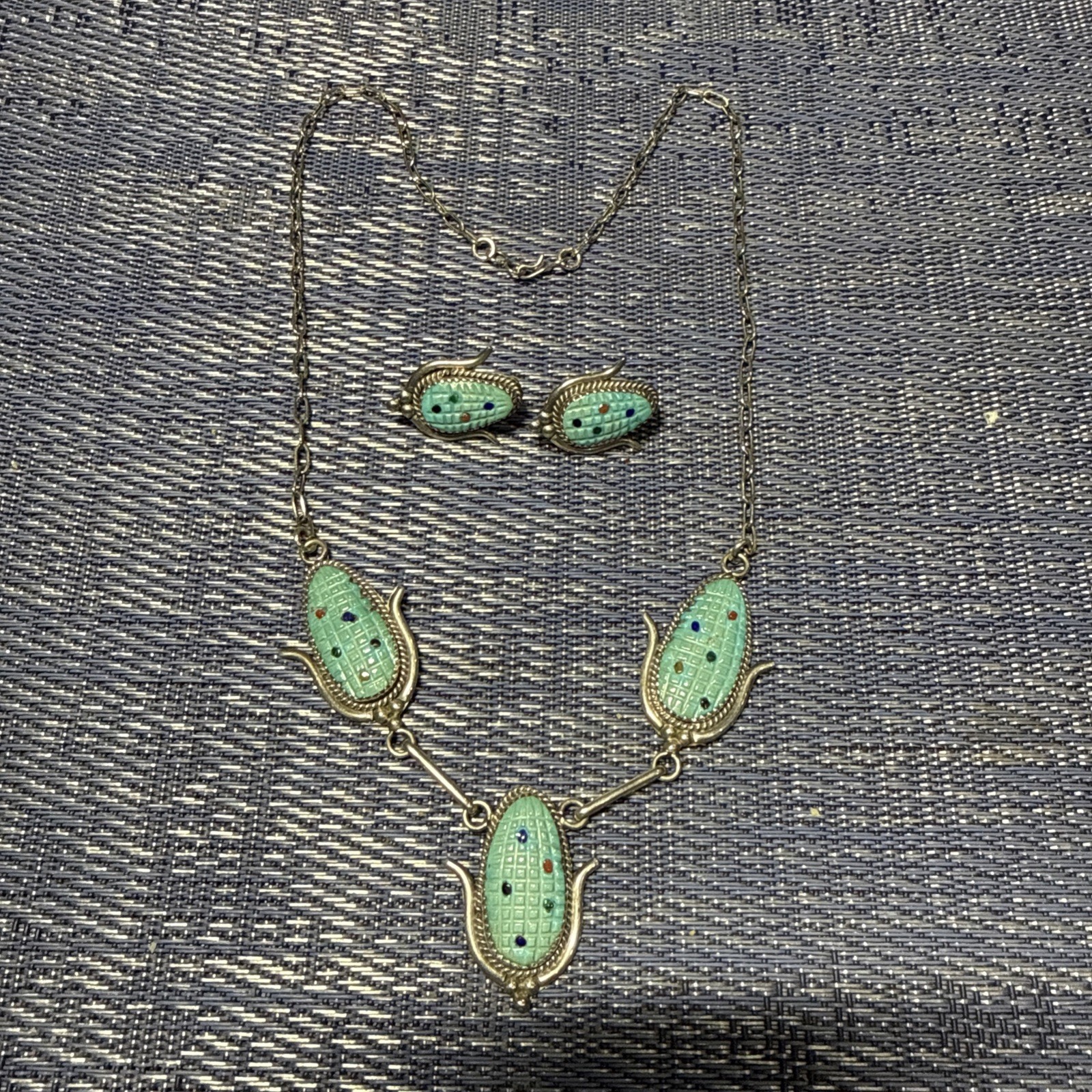 Native American Zuni Tracey Bowekaty Corn Station Necklace & Earrings Inlaid TE