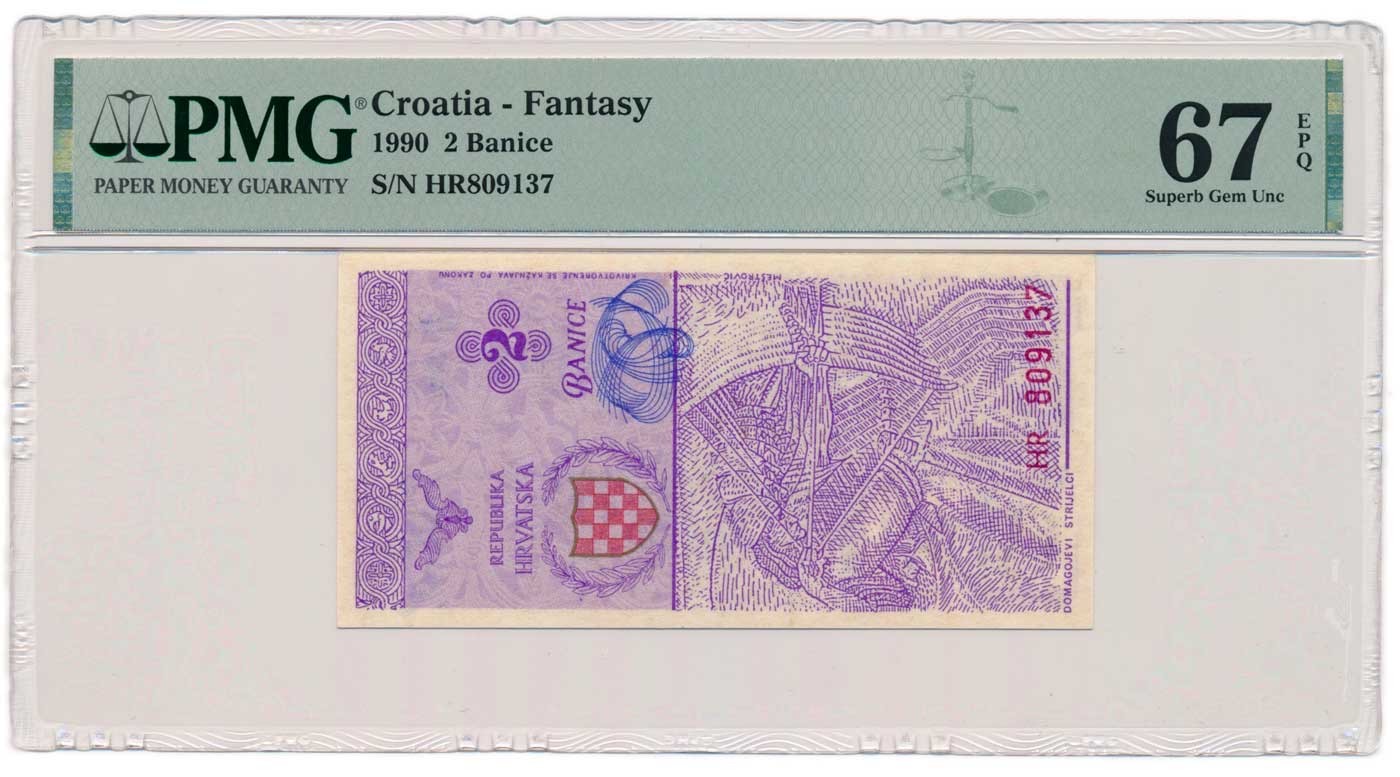 CROATIA banknote 2 Banice 1990 red HR serial PMG grade MS 67 EPQ Superb Gem Unc