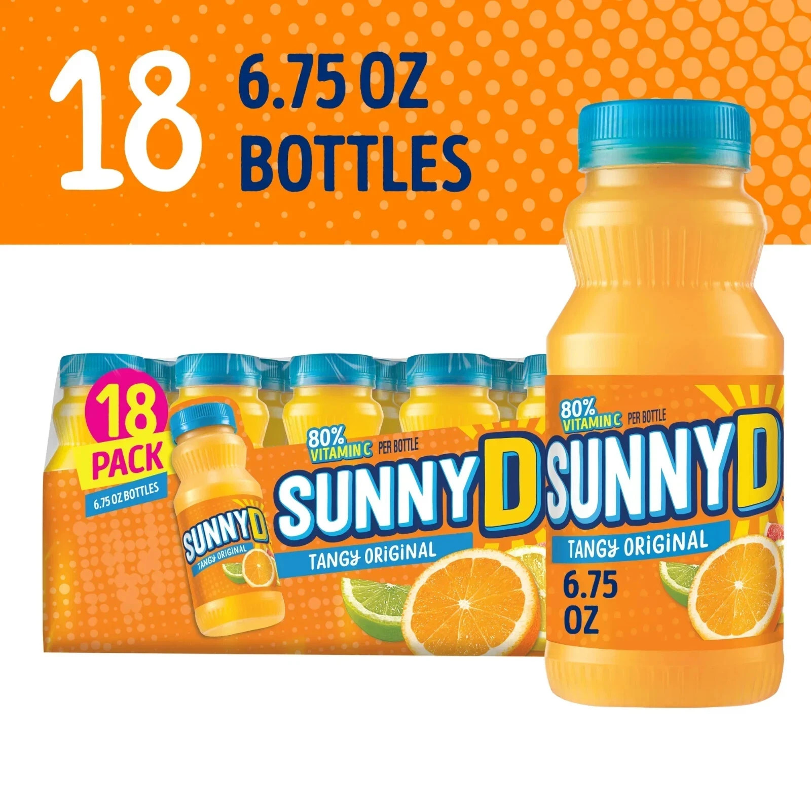 SUNNYD Tangy Original Shelf Stable Orange Juice Drink, 18 Count, 6.75 fl oz Bott