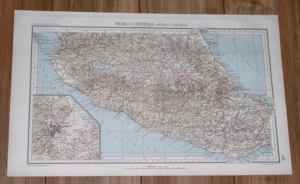 1927 RARE VINTAGE ITALIAN MAP OF CENTRAL MEXICO / MEXICO CITY INSET MAP 