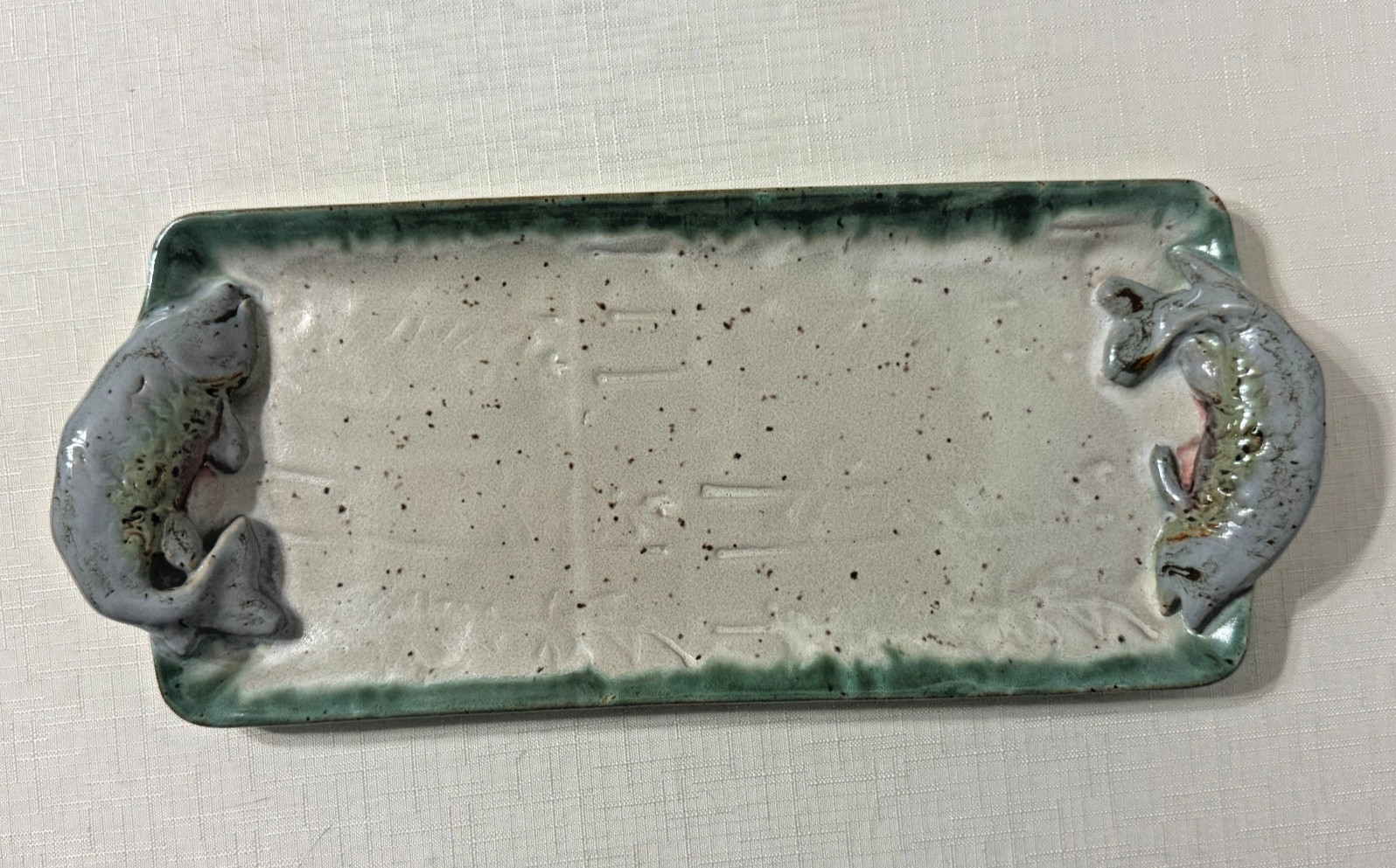 Studio Pottery Fish Handle Serving Tray Signed HB Stoneware Drip Glaze 13"