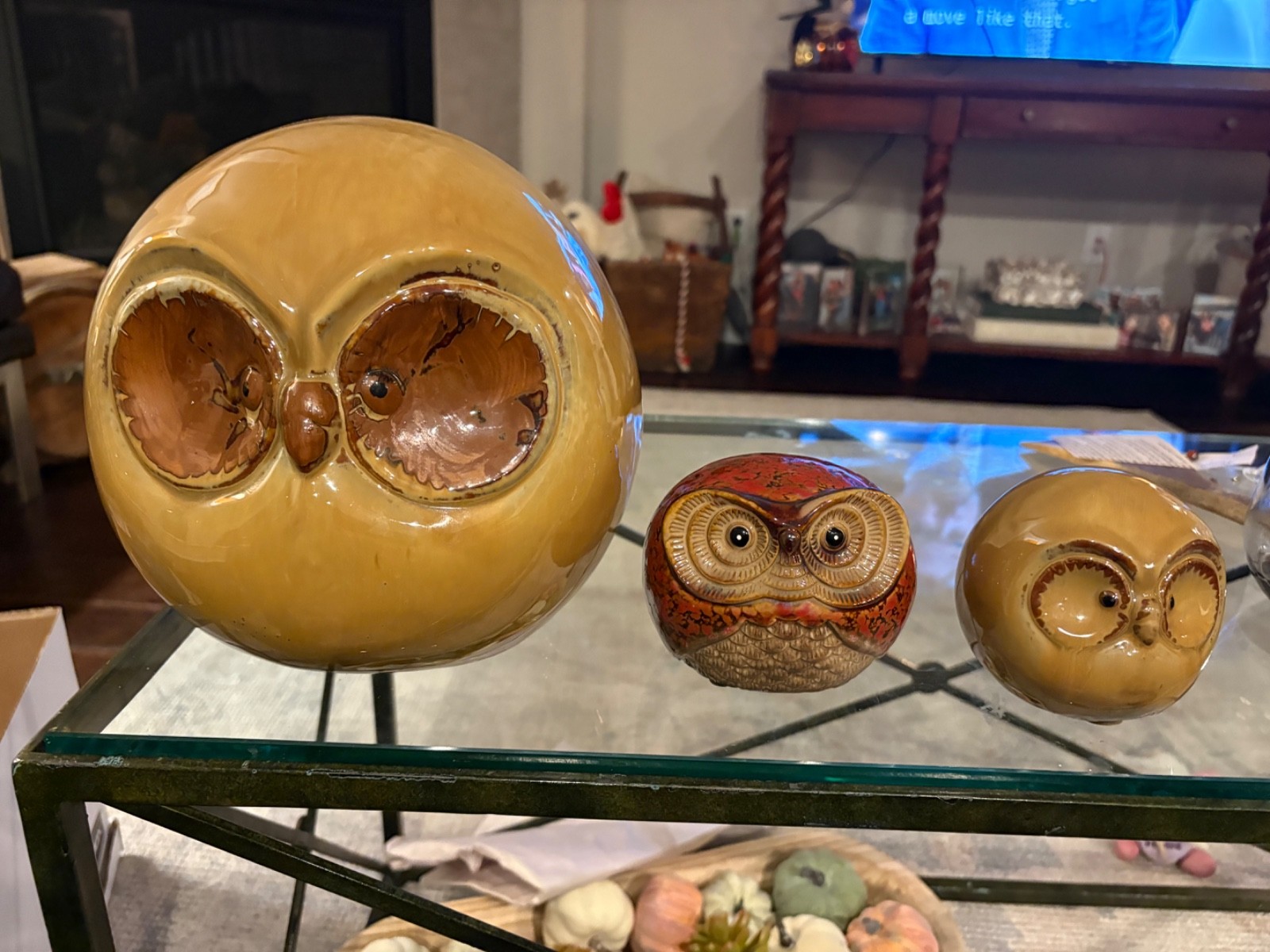 Pair Of Round Ceramic Owl Figurine 4" Tall Beige Green MCM Look Pier 1