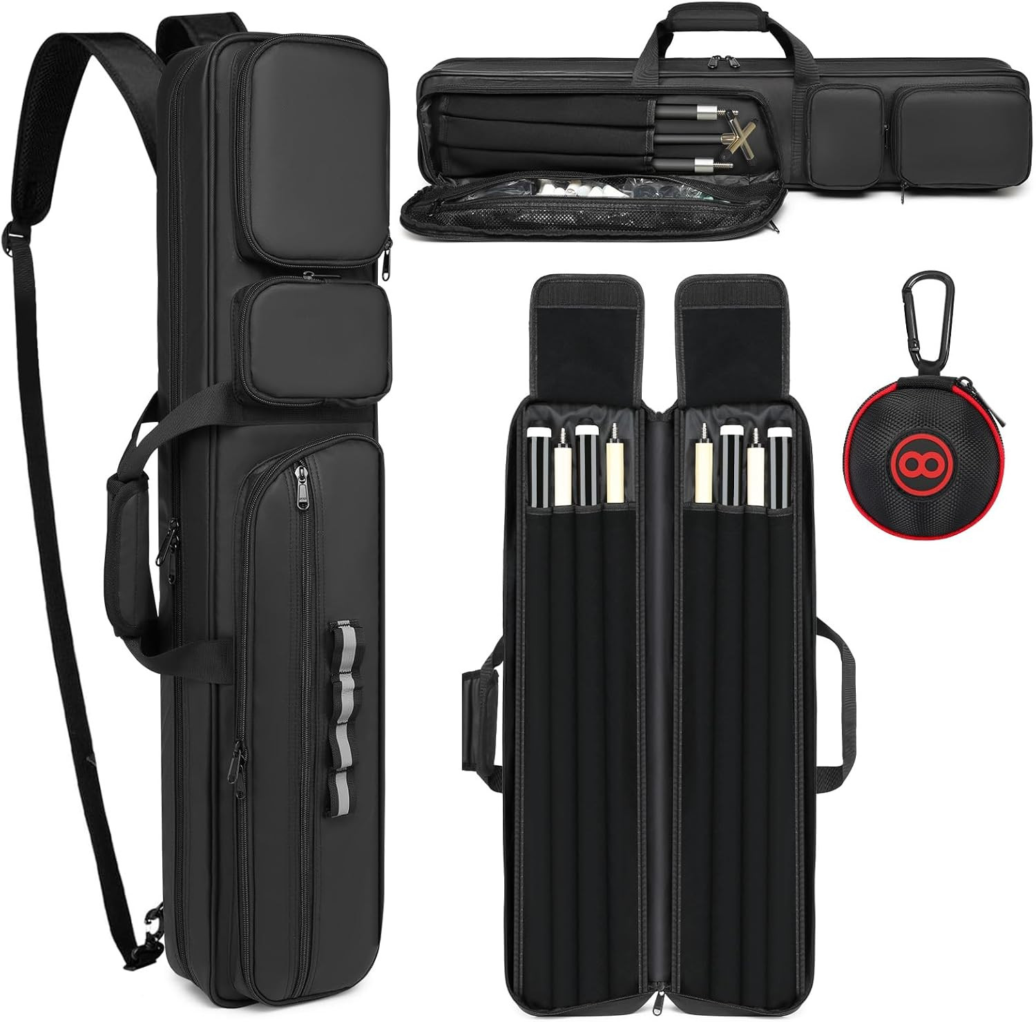 Pool Cue Case - 4X4 Padded Pool Cue Bag - Holds 4 Butts and 4 Shafts, Multiple A