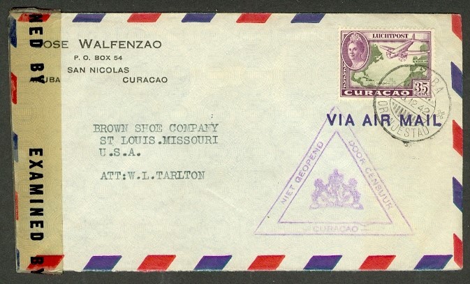 CURACAO 1942 CENSORED COMMERCIAL AIRMAIL TO USA
