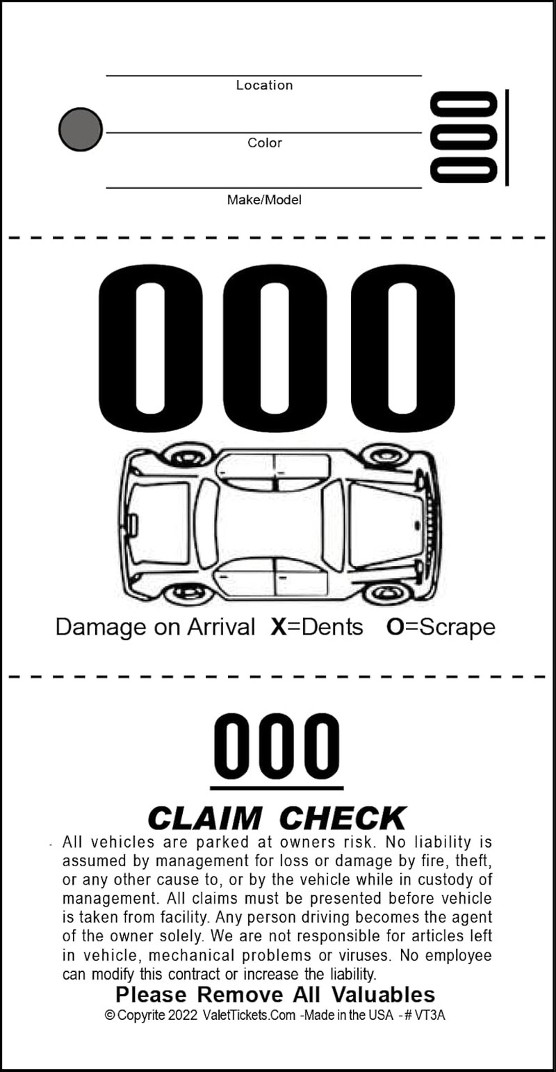 3 Part Valet Parking Tickets (1000 Tickets) on 110Lb Card Stock with Car Diagram