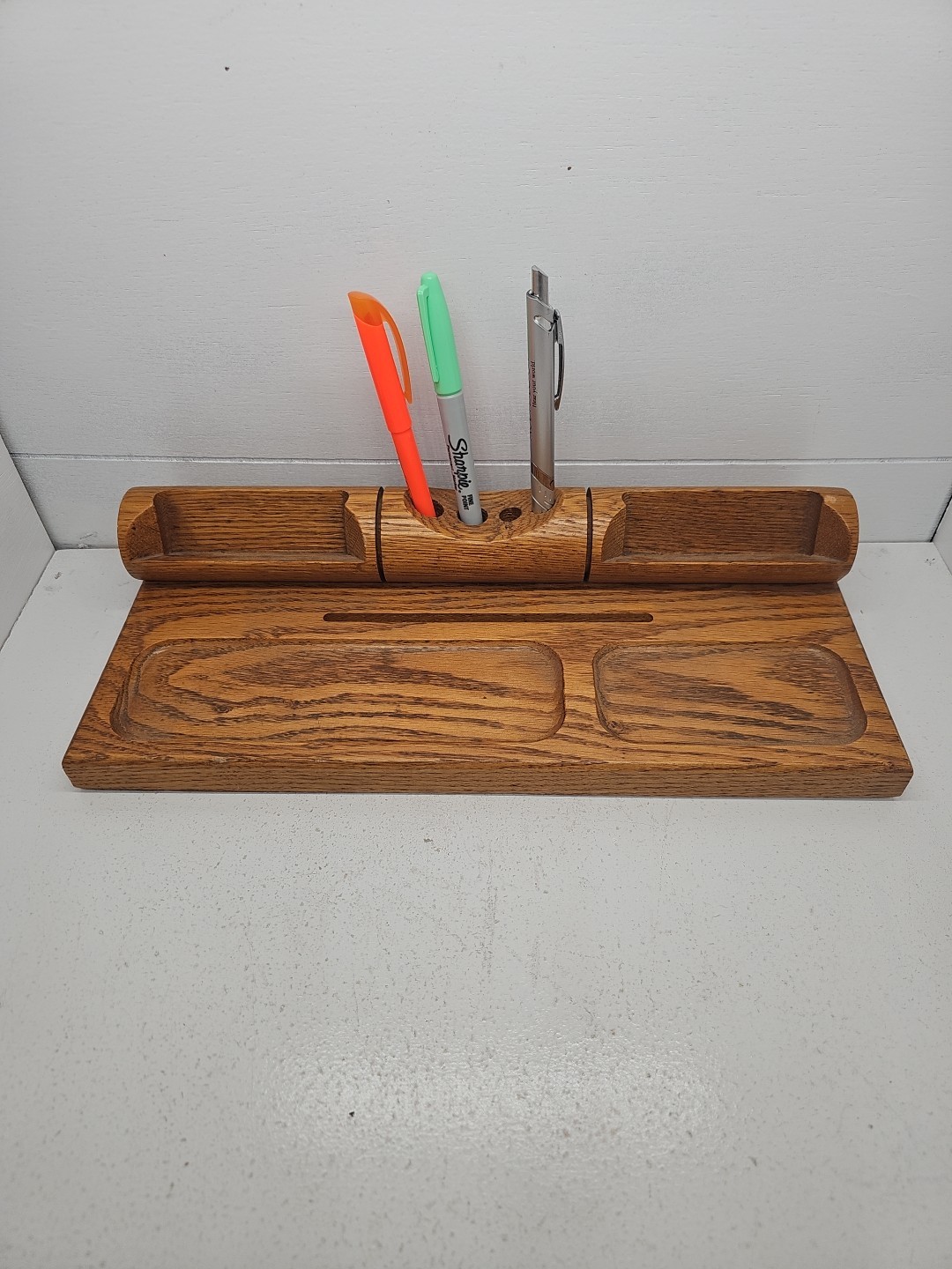 Vintage Wooden Oak Desk / Dresser Organizer Valet Wallet Business Card Change