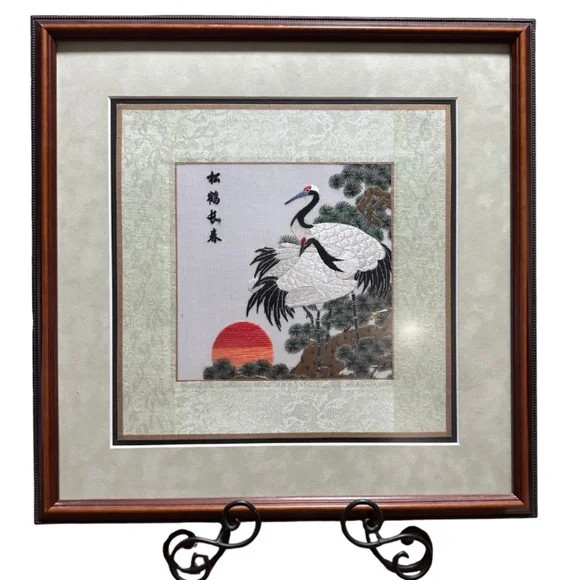 Hand Embroidery Silk Asian Cranes On Frame