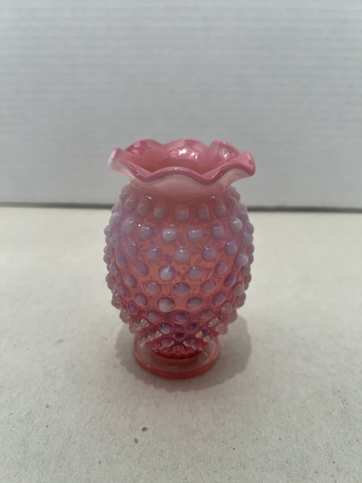 Vintage Fenton Hobnail Cranberry Opalescent 3.5" Crimped Cupped Miniature Vase
