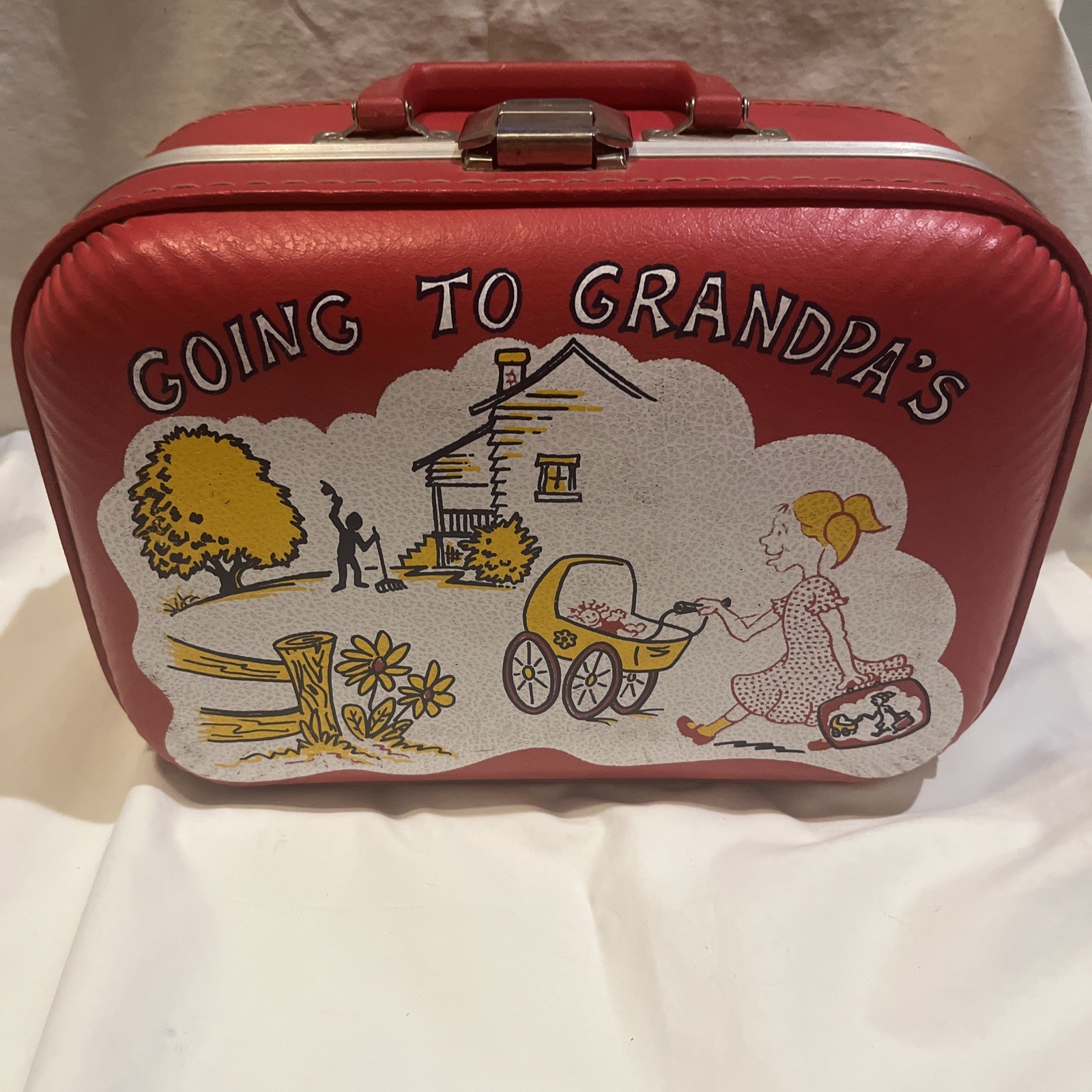 Vintage Going to Grandpas House Suitcase Kids Hardsided Child’s Luggage 13x9x6”