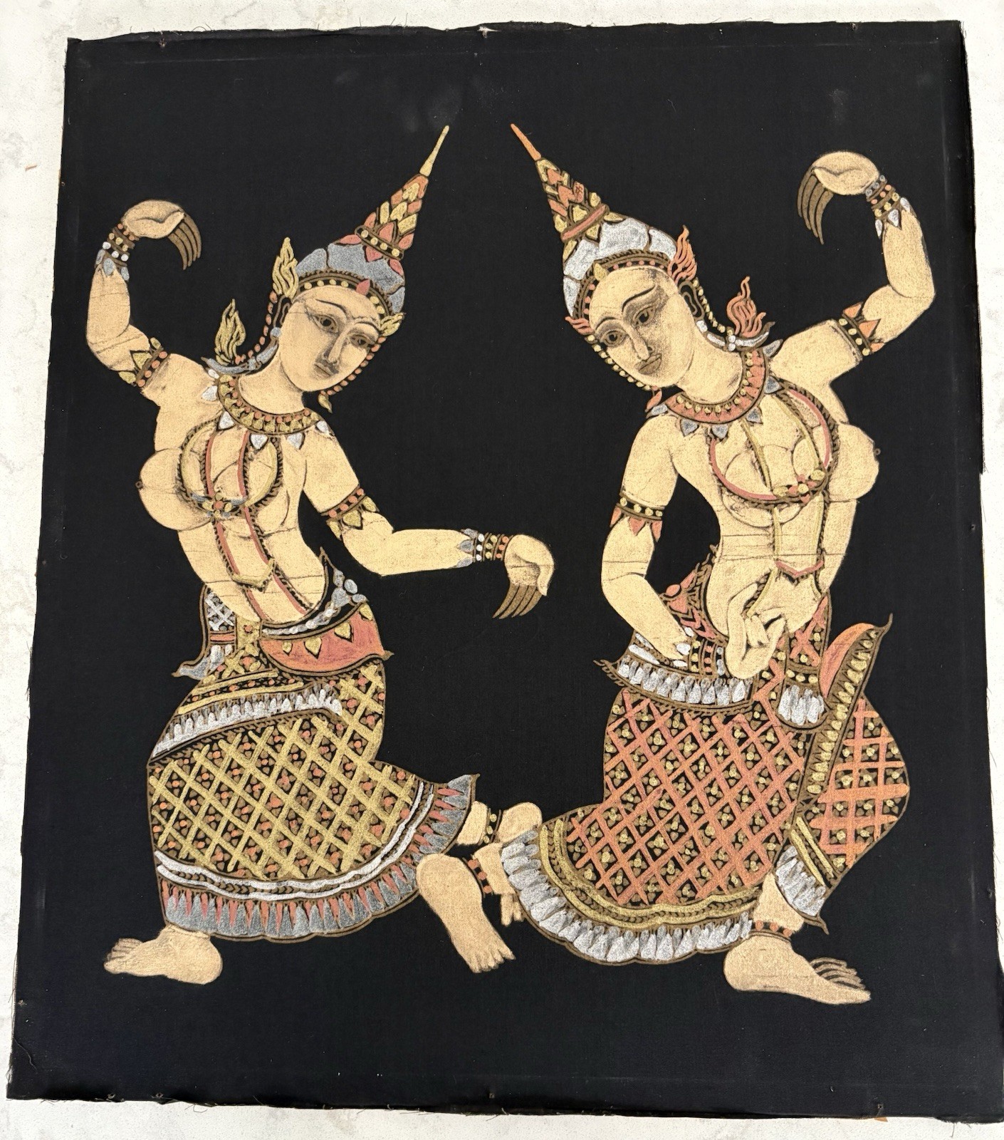 Pair of Thai Dancers Textured Pigments &  Gilded details on Silk Panel