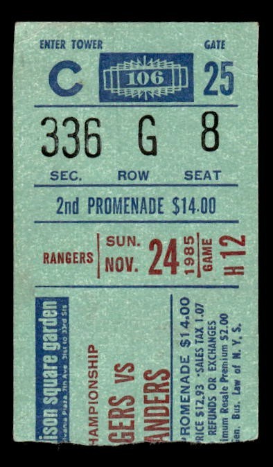 Nov 24, 1985 New York Rangers Vs. Islanders Ticket Stub Bossy Goal 487
