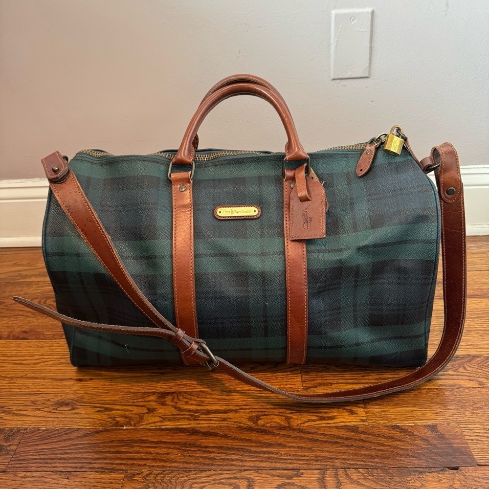 Polo Ralph Lauren Vintage Tartan Blackwatch Plaid Travel Bag Tag Brass Lock