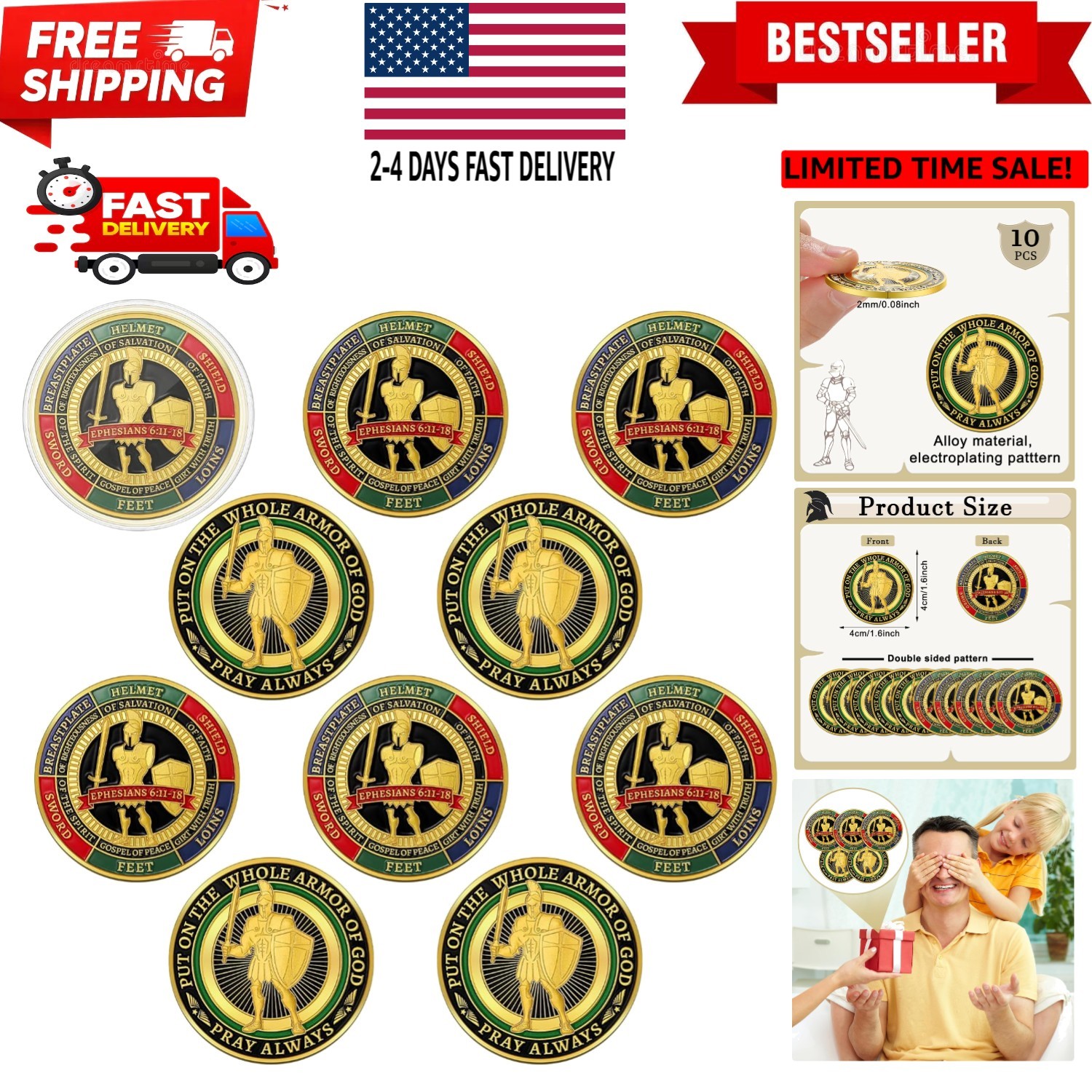 10 Pcs Put on the Whole Armor of God Coin Religious Prayer Coins for Christia...