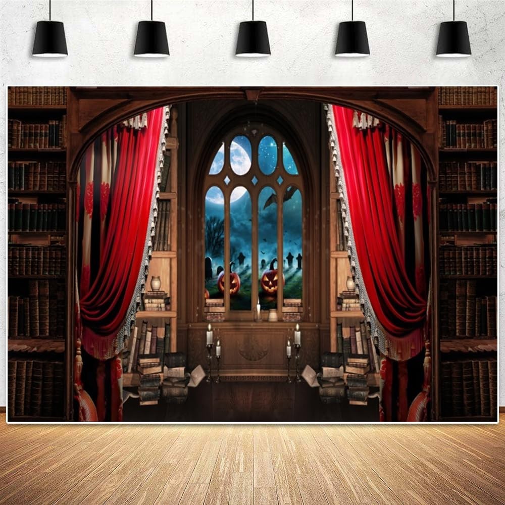 10x8ft Vinyl Red Curtain Halloween Library Backdrop Full Moon Cemetery Photo
