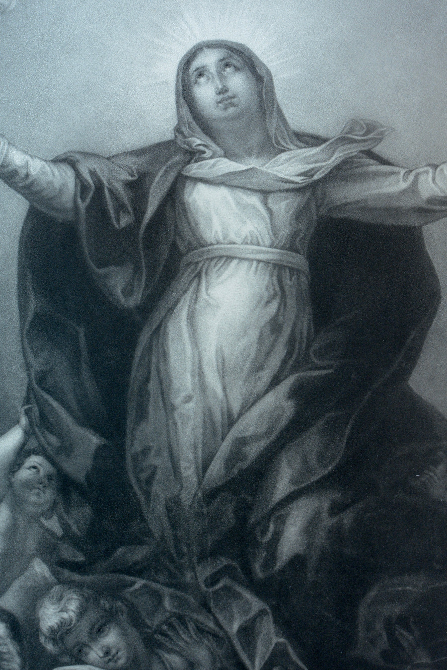 Large Engraving Portrait 19e Assumption of The Virgin Extases Angels Religious