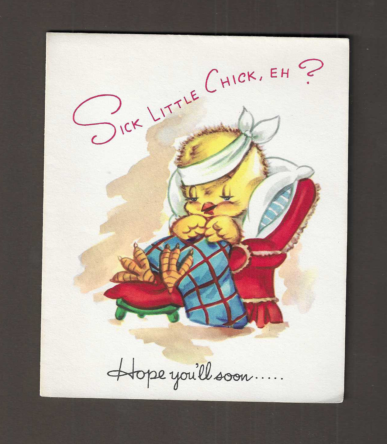 unused vtg  ARTISTIC Greeting SICK LITTLE CHICK EH Card Chair Get Well SCRATCH!