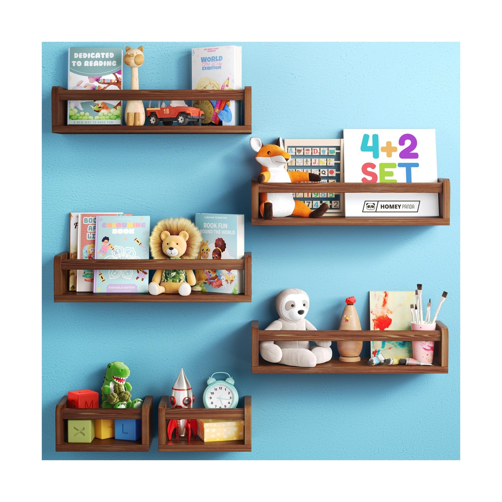 HOMEY PANDA Wall-Mounted Nursery Bookshelves - 4 Long + 2 Mini Shelves, Kids ...